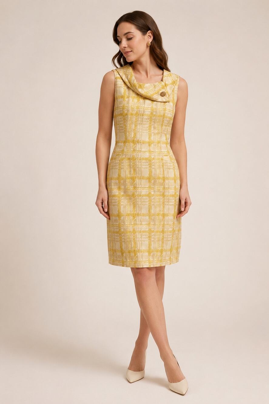 Tahari Arthur S. Levine Yellow Plaid Jacquard Sheath Dress Size 2